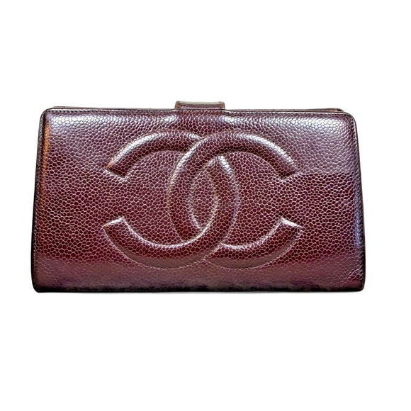 CHANEL Caviar Skin Coco Mark Bifold Wallet Clasp Brown - Picture 1 of 6